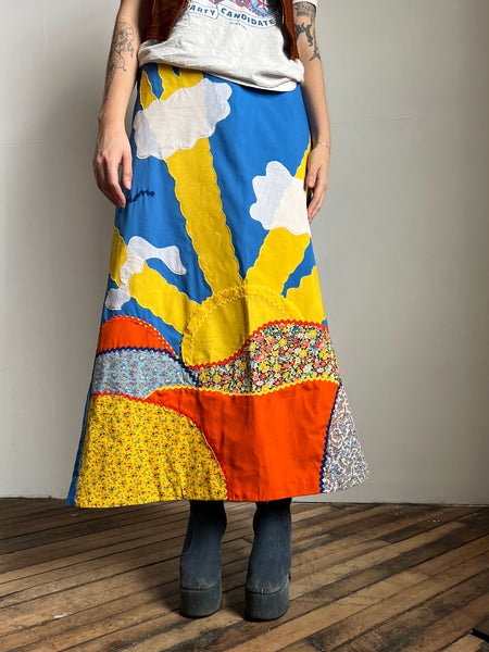 Vintage 1970's Sunshine Appliqué Skirt, 70's Hippie Boho Women's