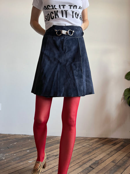 Vintage 1960's Dark Blue Suede Leather Mini Skirt with Metal Detail, The Factory 60s