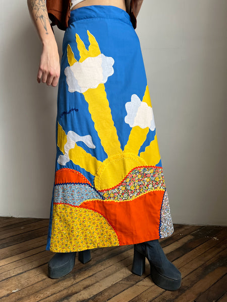Vintage 1970's Sunshine Appliqué Skirt, 70's Hippie Boho Women's