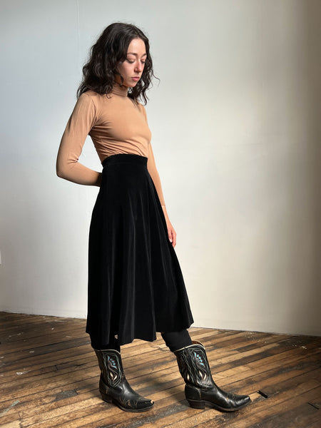 Vintage 1940s 1950s Black Velvet Skirt with Dramatic Side Slit
