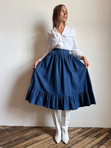 Vintage Pleated Denim Skirt with Ruffles, 1970's - 80's