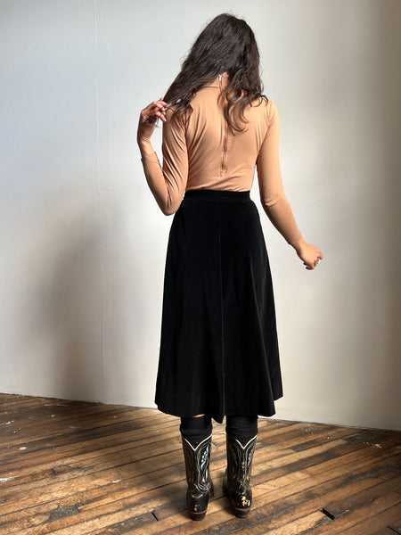 Vintage 1940s 1950s Black Velvet Skirt with Dramatic Side Slit