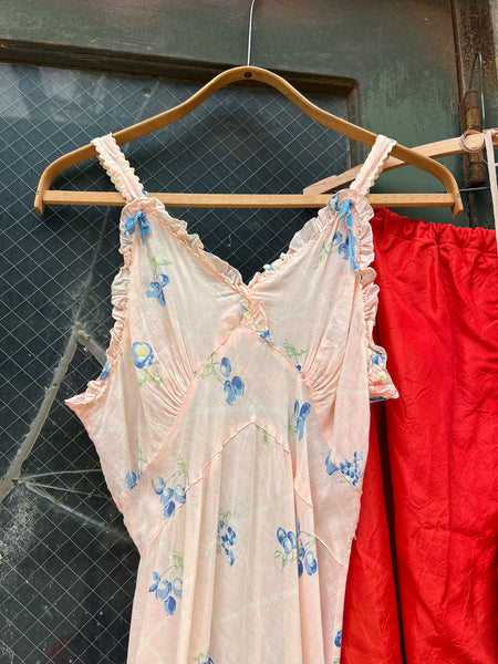 Vintage 1930's Bias Cut Cherry and Apple Print Cotton Slip Dress