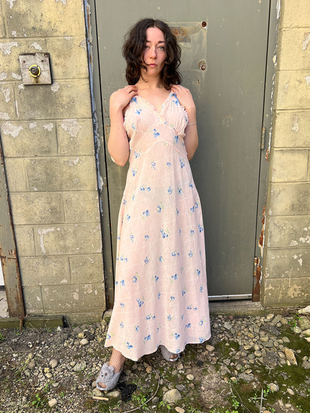 Vintage 1930's Bias Cut Cherry and Apple Print Cotton Slip Dress