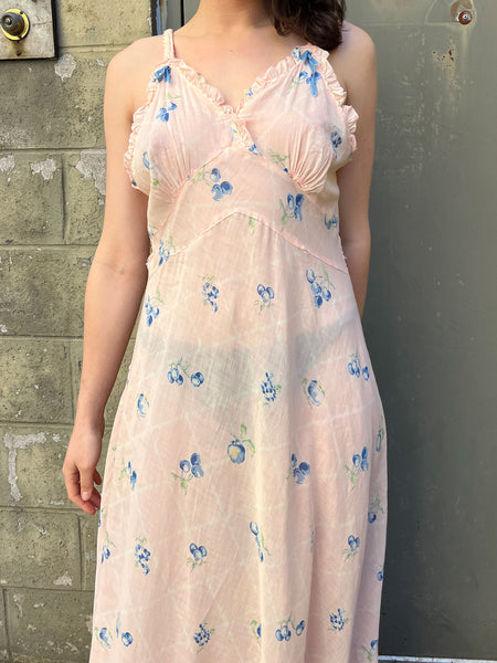 Vintage 1930's Bias Cut Cherry and Apple Print Cotton Slip Dress
