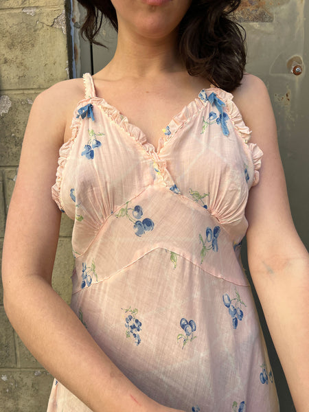 Vintage 1930's Bias Cut Cherry and Apple Print Cotton Slip Dress