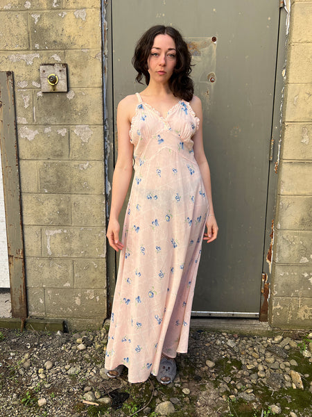 Vintage 1930's Bias Cut Cherry and Apple Print Cotton Slip Dress