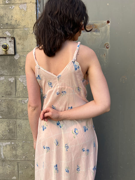 Vintage 1930's Bias Cut Cherry and Apple Print Cotton Slip Dress
