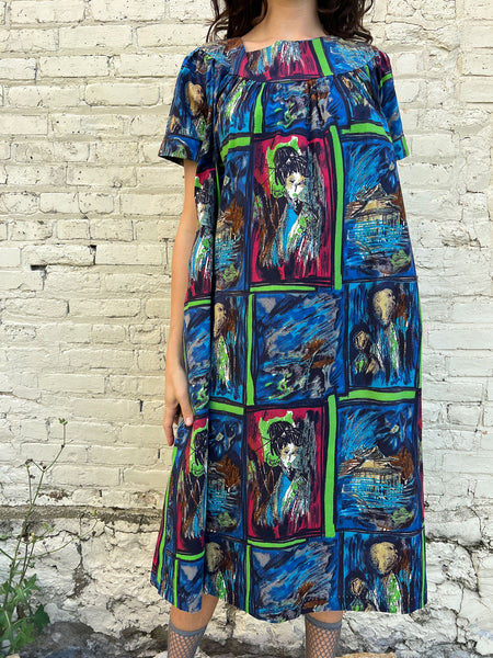 Vintage 1950's 60's Novelty Print Faces Dress