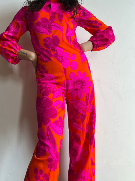 Vintage 1960's - Early 1970's Neon Floral Jumpsuit, Tropical, 60's 70's Women's