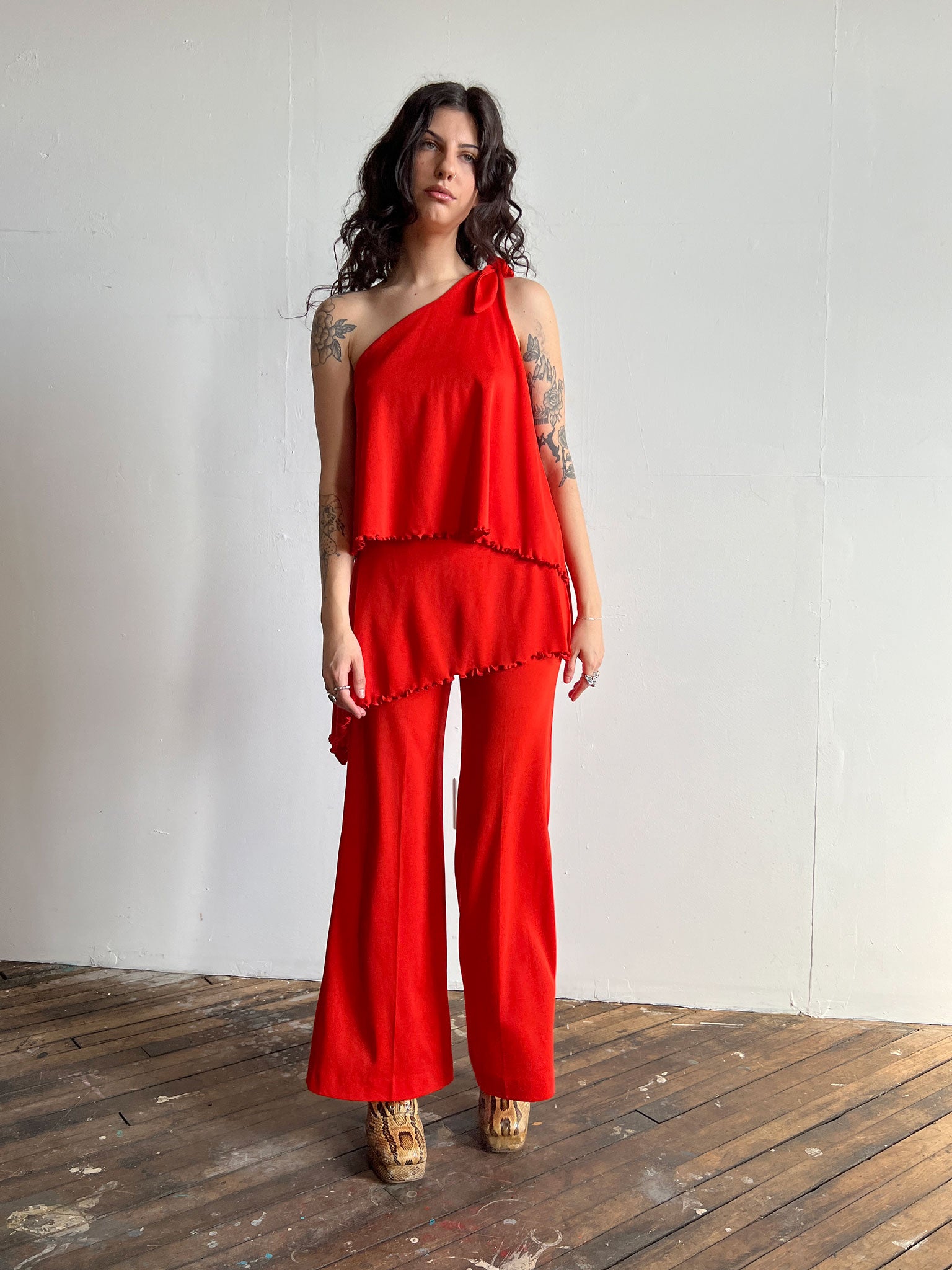 Vintage 1960's - 1970's Orange Tiered Jumpsuit, Glam Rock, One Shoulder