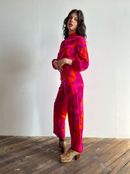 Vintage 1960's - Early 1970's Neon Floral Jumpsuit, Tropical, 60's 70's Women's