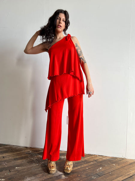 Vintage 1960's - 1970's Orange Tiered Jumpsuit, Glam Rock, One Shoulder