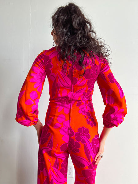 Vintage 1960's - Early 1970's Neon Floral Jumpsuit, Tropical, 60's 70's Women's