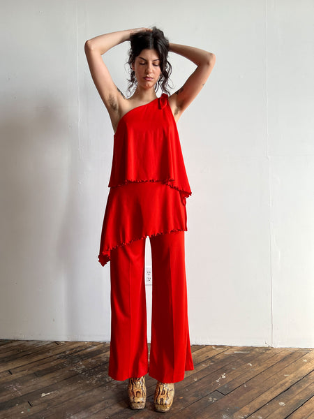 Vintage 1960's - 1970's Orange Tiered Jumpsuit, Glam Rock, One Shoulder