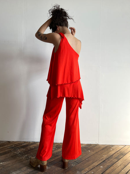 Vintage 1960's - 1970's Orange Tiered Jumpsuit, Glam Rock, One Shoulder