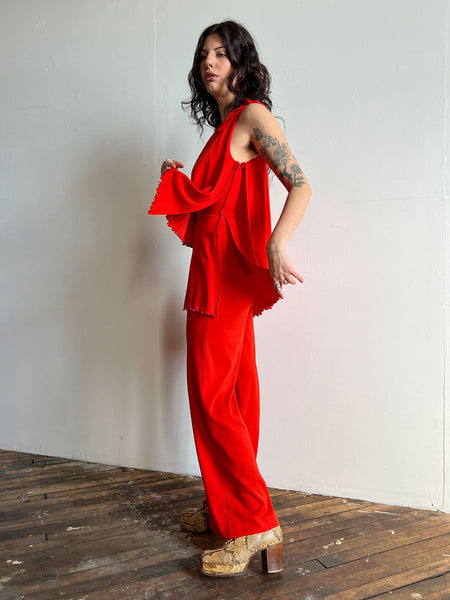 Vintage 1960's - 1970's Orange Tiered Jumpsuit, Glam Rock, One Shoulder