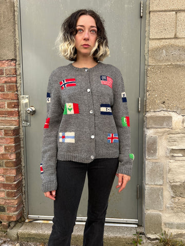 Vintage Hand Knit Flags of the World Sweater, Novelty Knit