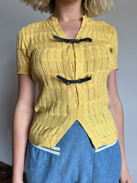 Vintage 1930's -1940's Yellow Cotton Knit with Leather Straps
