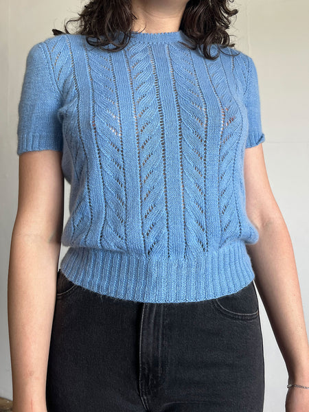 Vintage 1940's - 50's Blue Cashmere Hand Knit Short Sleeve Sweater