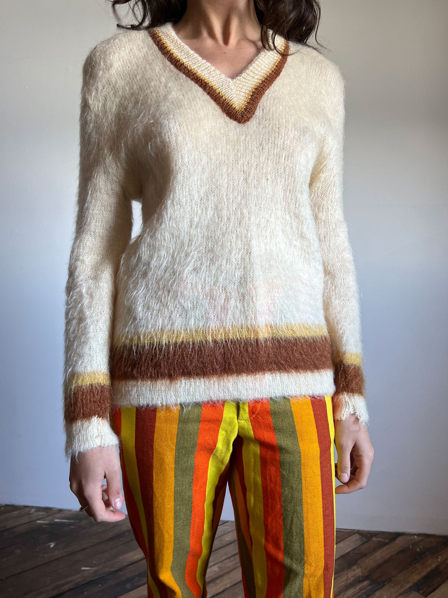 Vintage 1960's Mohair V Neck Sweater in Cream and Rust