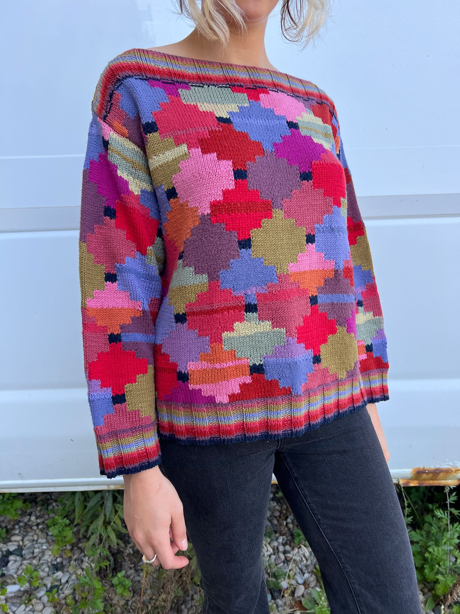 Vintage Hand Knit Kaffee Fassett Boat Neck Sweater