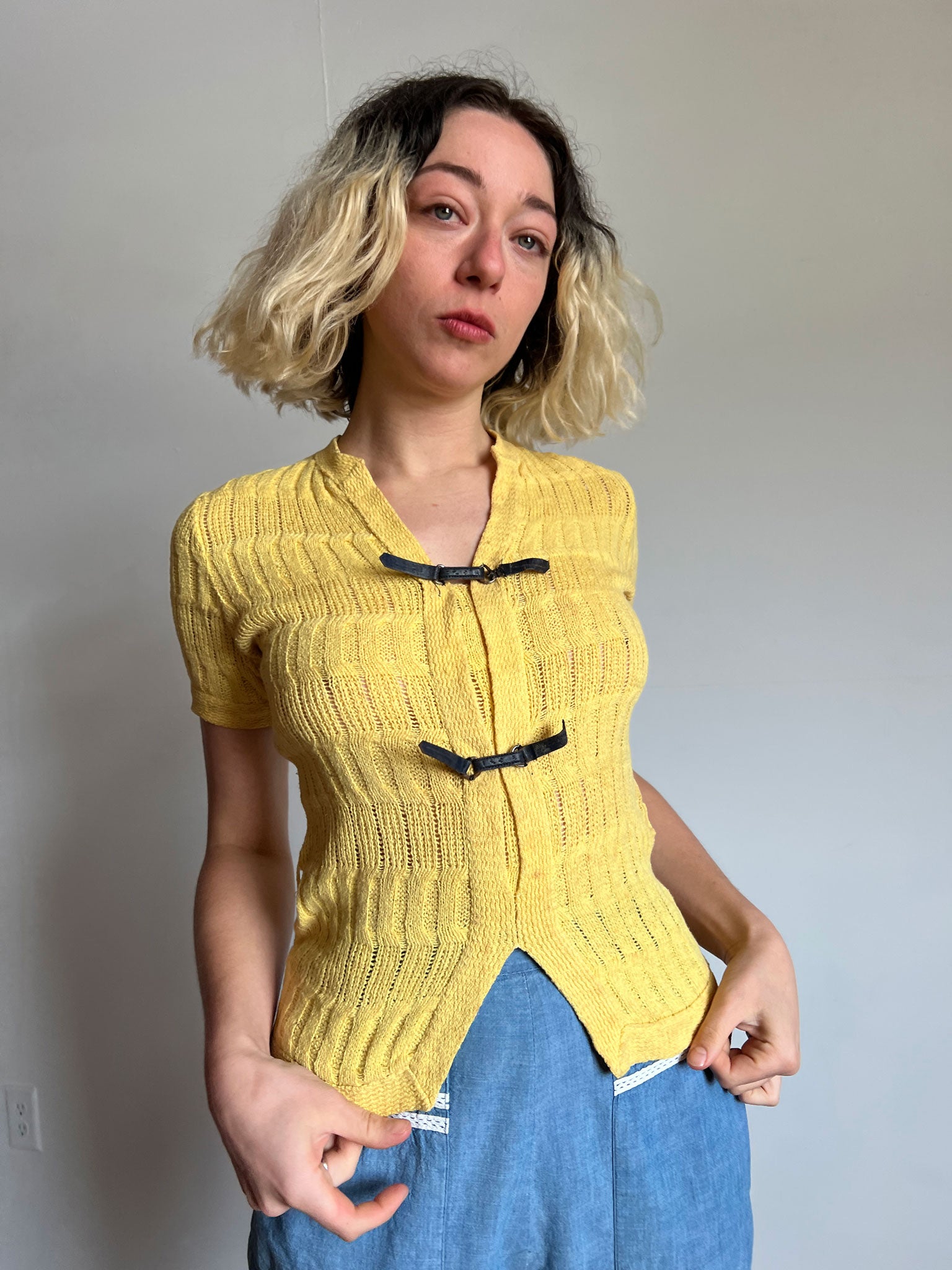 Vintage 1930's -1940's Yellow Cotton Knit with Leather Straps