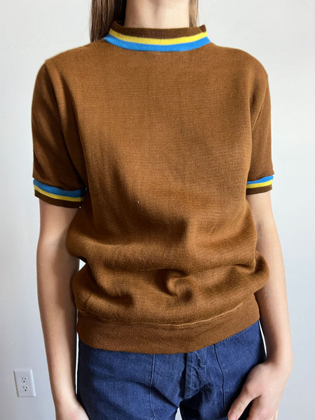 Vintage 1960's Brown Sweater with Striped Cuffs, Unisex, Short Sleeved