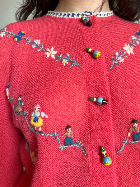 Vintage 1940's Hand Embroidered Austrian Wool Sweater with Carved People Buttons