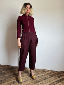 Vintage 1930's Zip Up Burgundy Wool Sweater, Talon Zipper