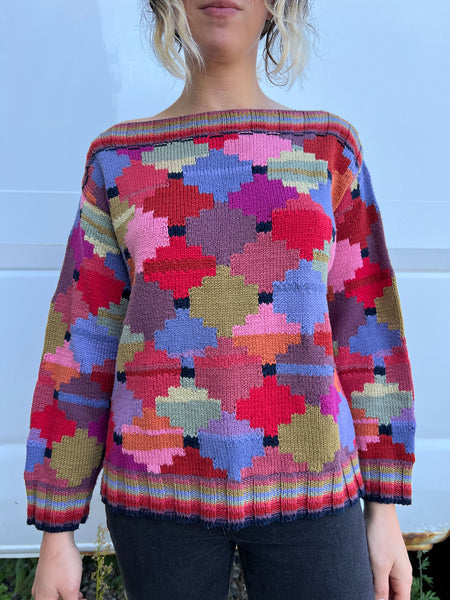 Vintage Hand Knit Kaffee Fassett Boat Neck Sweater