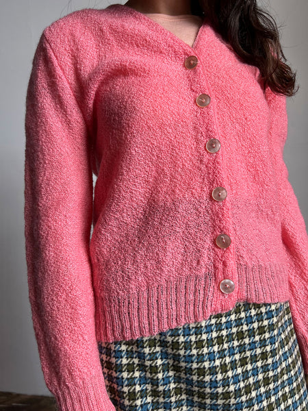Vintage 1960's Bubblegum Pink Button Up Wool Cardigan, 60's