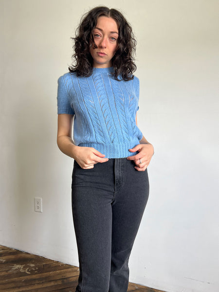 Vintage 1940's - 50's Blue Cashmere Hand Knit Short Sleeve Sweater