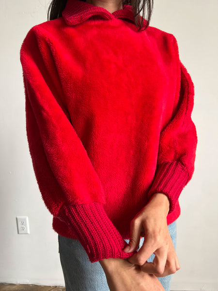 Vintage 1940's 1950's Bright Cherry Red Fuzzy Teddy Sweater