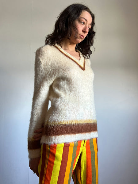 Vintage 1960's Mohair V Neck Sweater in Cream and Rust