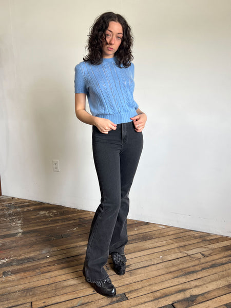Vintage 1940's - 50's Blue Cashmere Hand Knit Short Sleeve Sweater