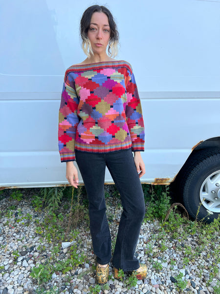 Vintage Hand Knit Kaffee Fassett Boat Neck Sweater