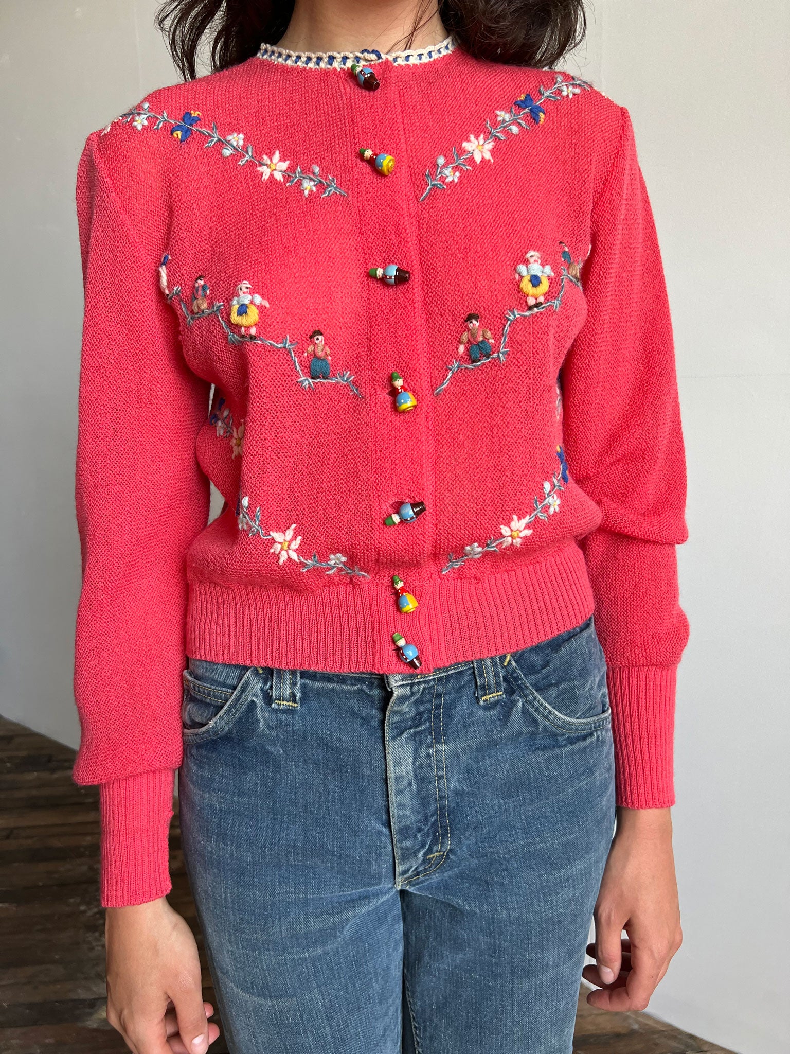 Vintage 1940's Hand Embroidered Austrian Wool Sweater with Carved People Buttons