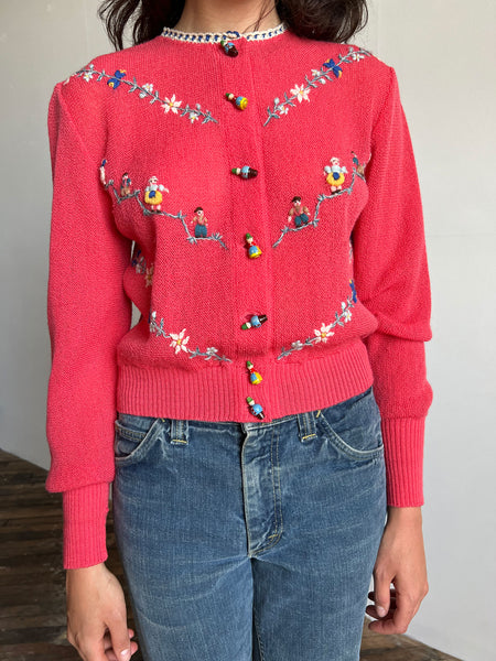 Vintage 1940's Hand Embroidered Austrian Wool Sweater with Carved People Buttons