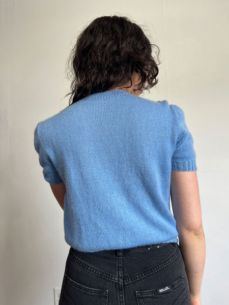 Vintage 1940's - 50's Blue Cashmere Hand Knit Short Sleeve Sweater
