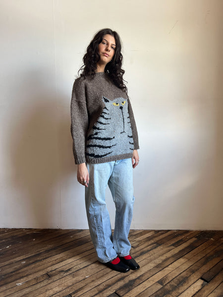 Vintage 1980's 1990's Hand Knit Wool Cat Sweater