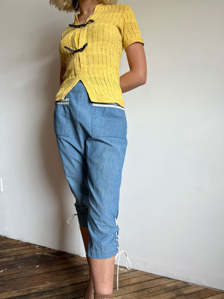 Vintage 1930's -1940's Yellow Cotton Knit with Leather Straps
