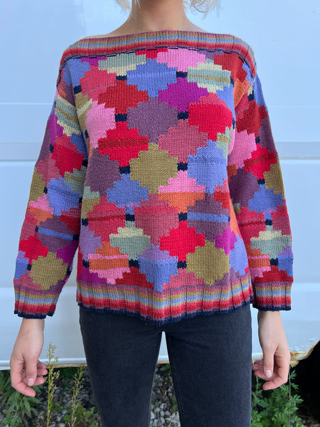 Vintage Hand Knit Kaffee Fassett Boat Neck Sweater