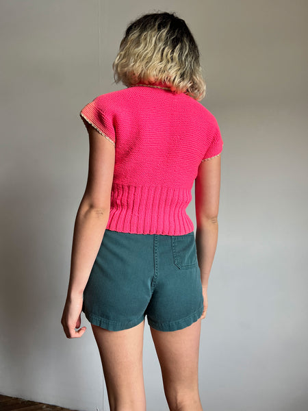 Vintage 1940's Hot Pink Knit Sweater, Short Sleeve, Lace Up