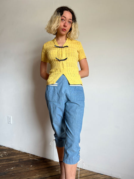 Vintage 1930's -1940's Yellow Cotton Knit with Leather Straps