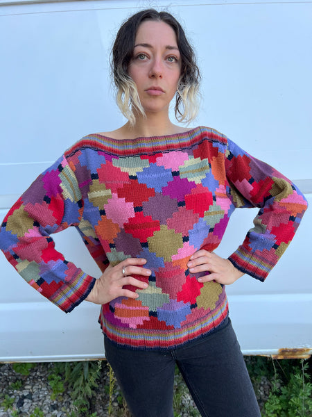 Vintage Hand Knit Kaffee Fassett Boat Neck Sweater
