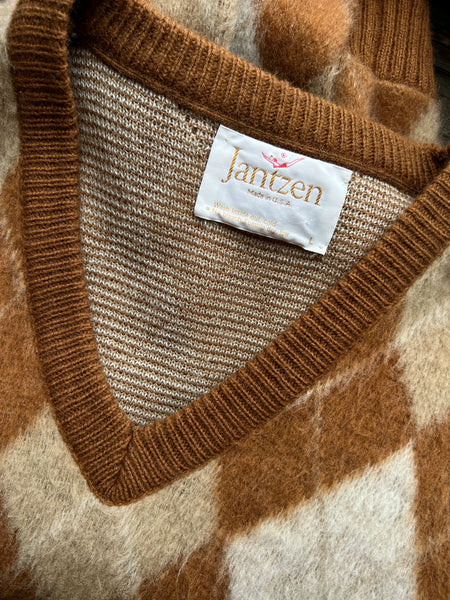 Vintage 1960's 1970's Jantzen Argyle Wool Sweater, V Neck, Fuzzy