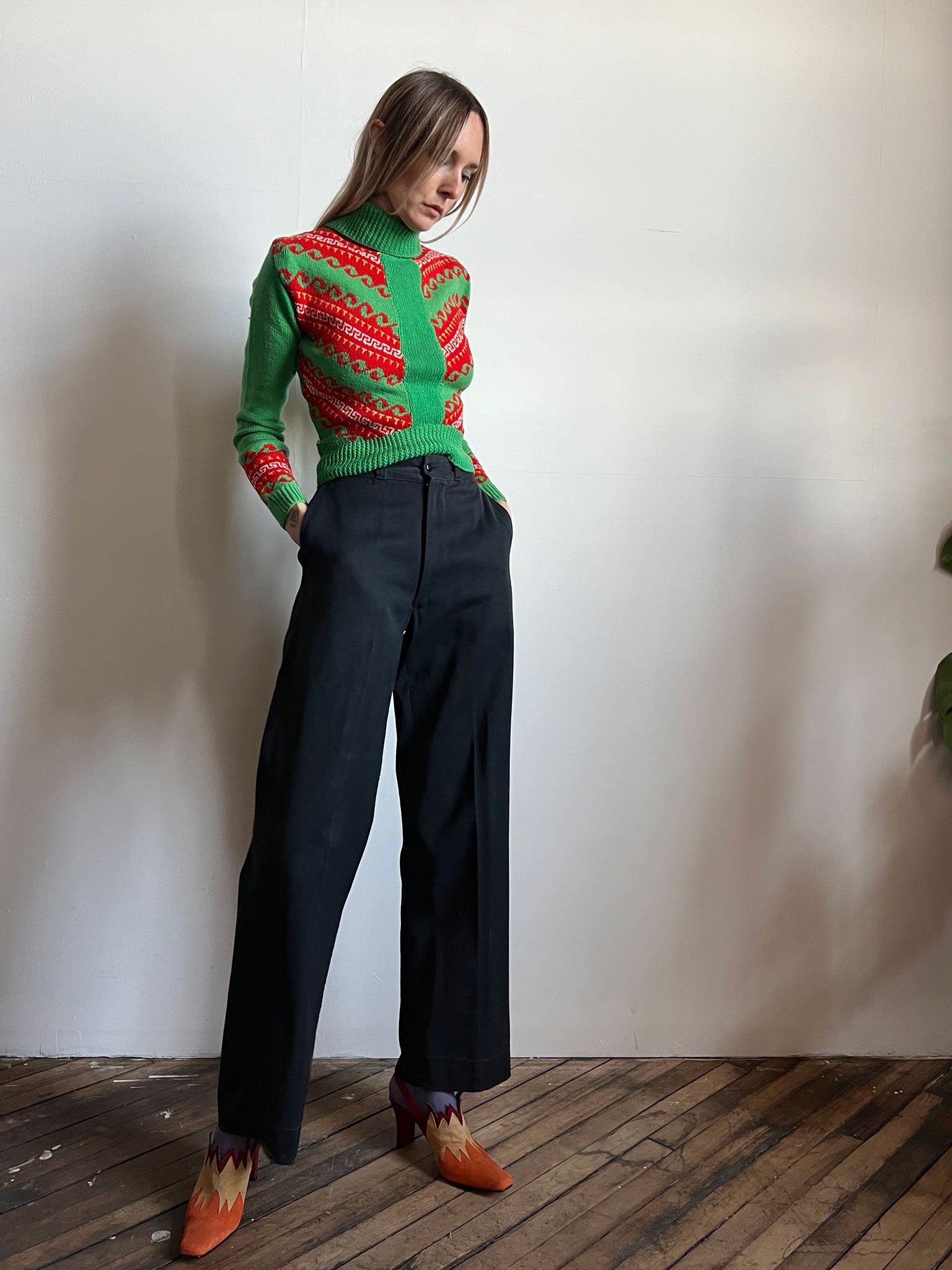 Vintage 1940's Green & Red Hand Knit Wool Sweater with Celluloid Zipper and Buttons