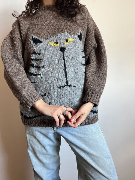 Vintage 1980's 1990's Hand Knit Wool Cat Sweater