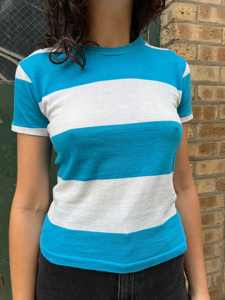 Vintage 1960's Blue and White Striped Cotton T-Shirt